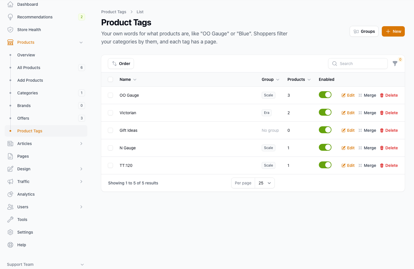 The Product Tags list in the store admin, with tags, groups and product counts