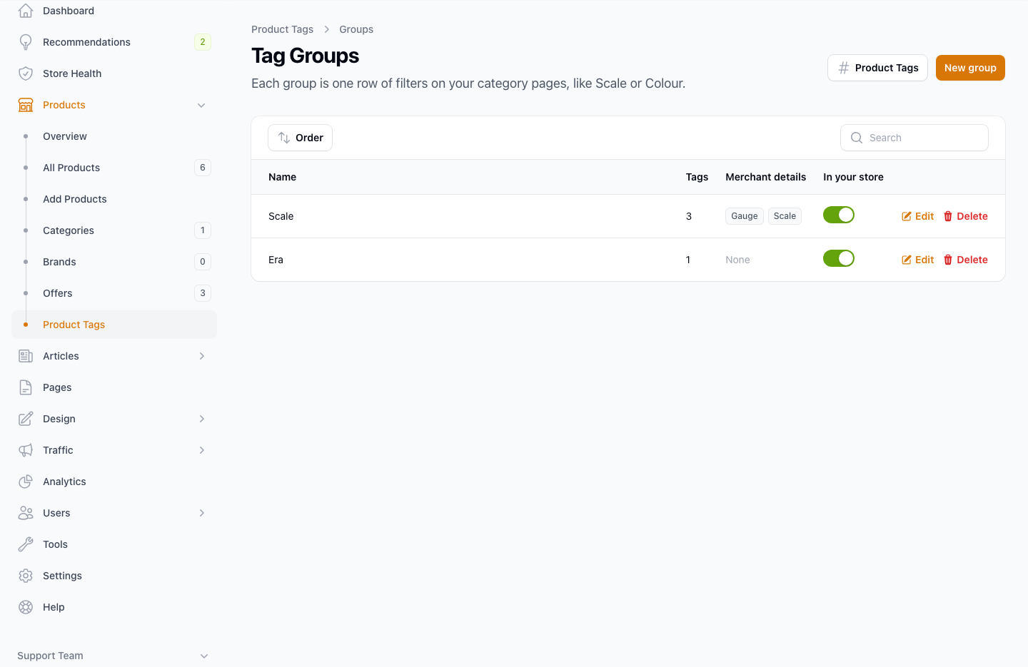 The Tag Groups list, with a Scale group and its settings