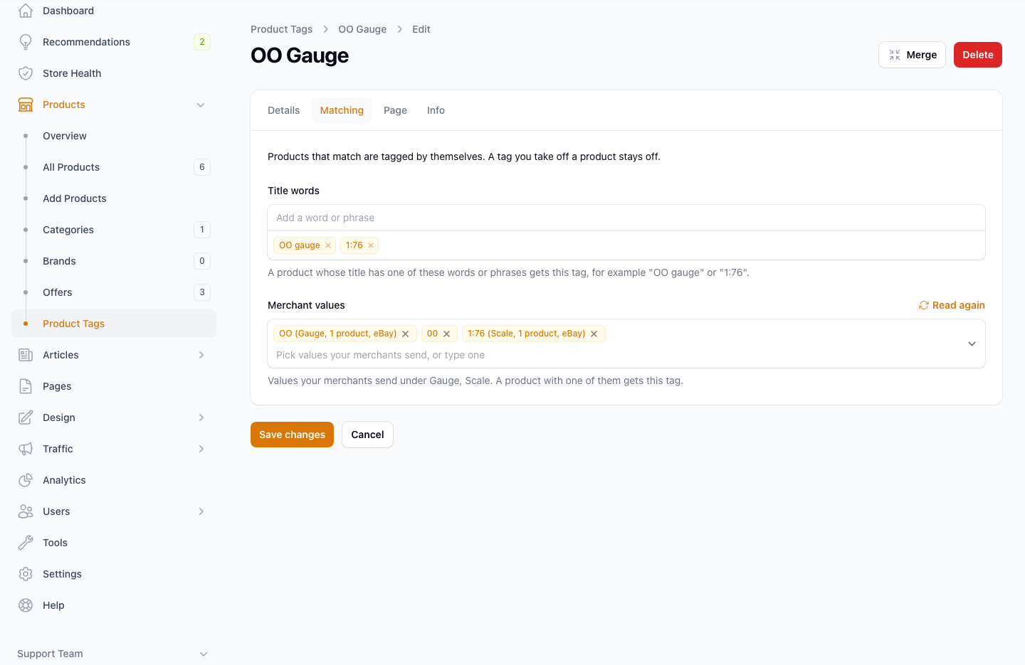 The Matching tab of a tag, with title words and merchant values