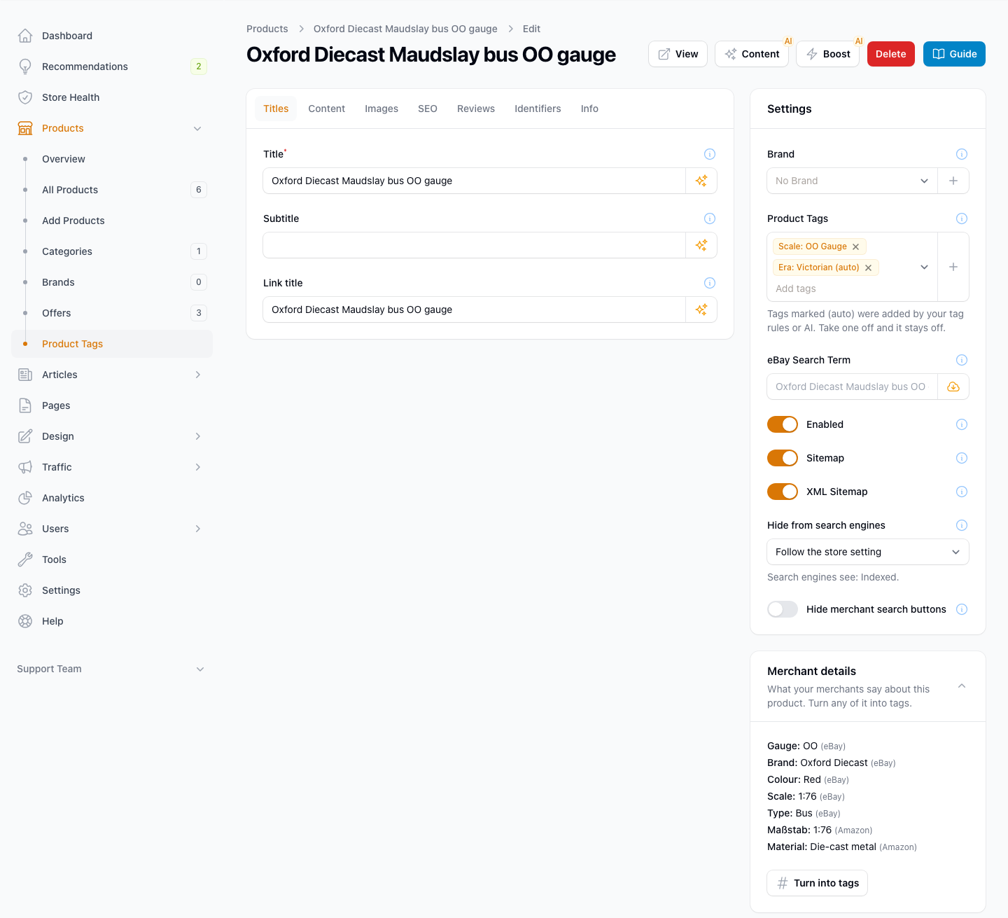 A product edit page with the Product Tags field and the Merchant details panel
