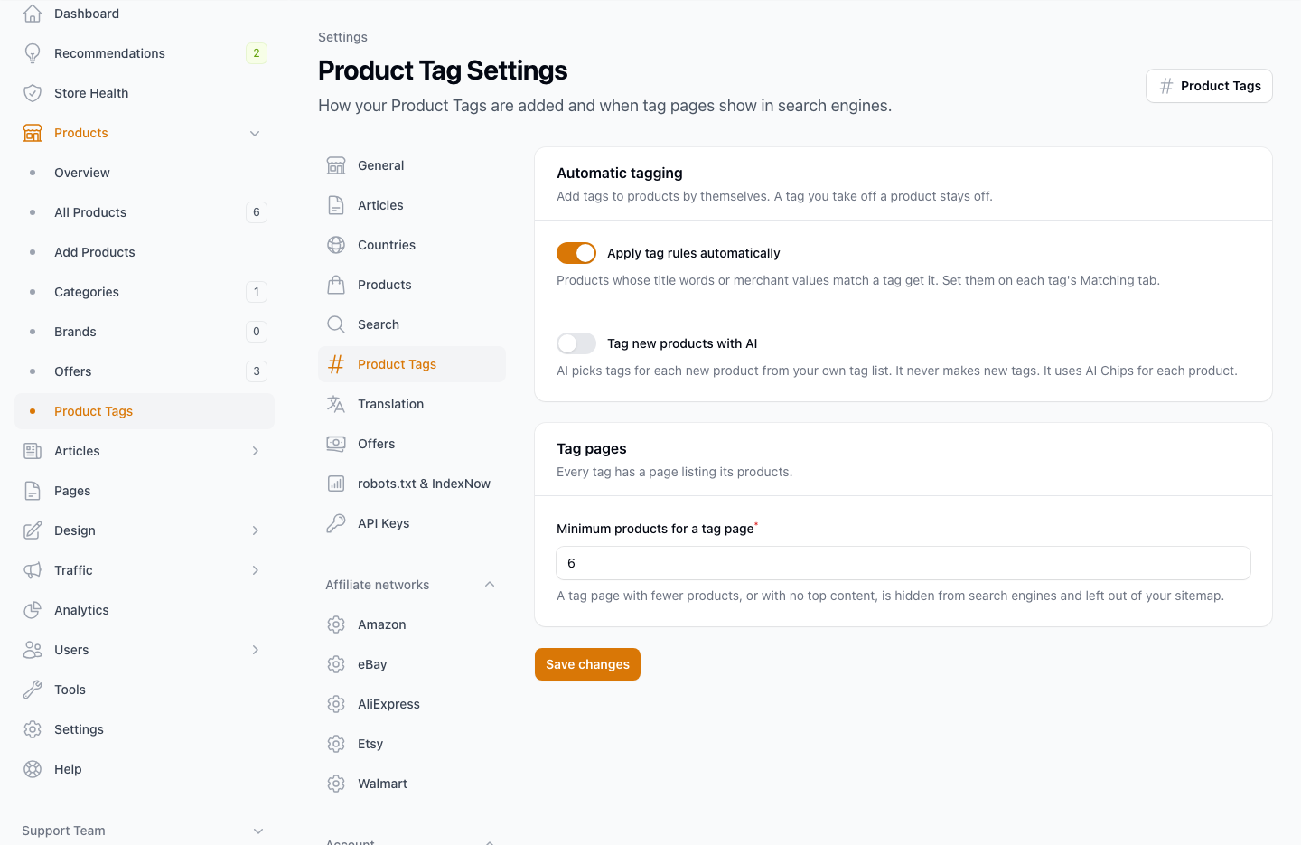 Settings > Product Tags, with the AI tagging and tag rules options