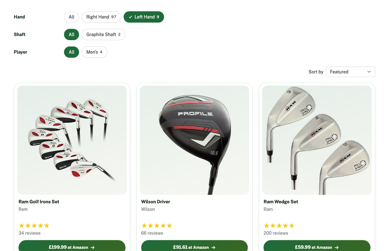 A golf store category with tag filters for Hand, Shaft and Player, and Left Hand picked