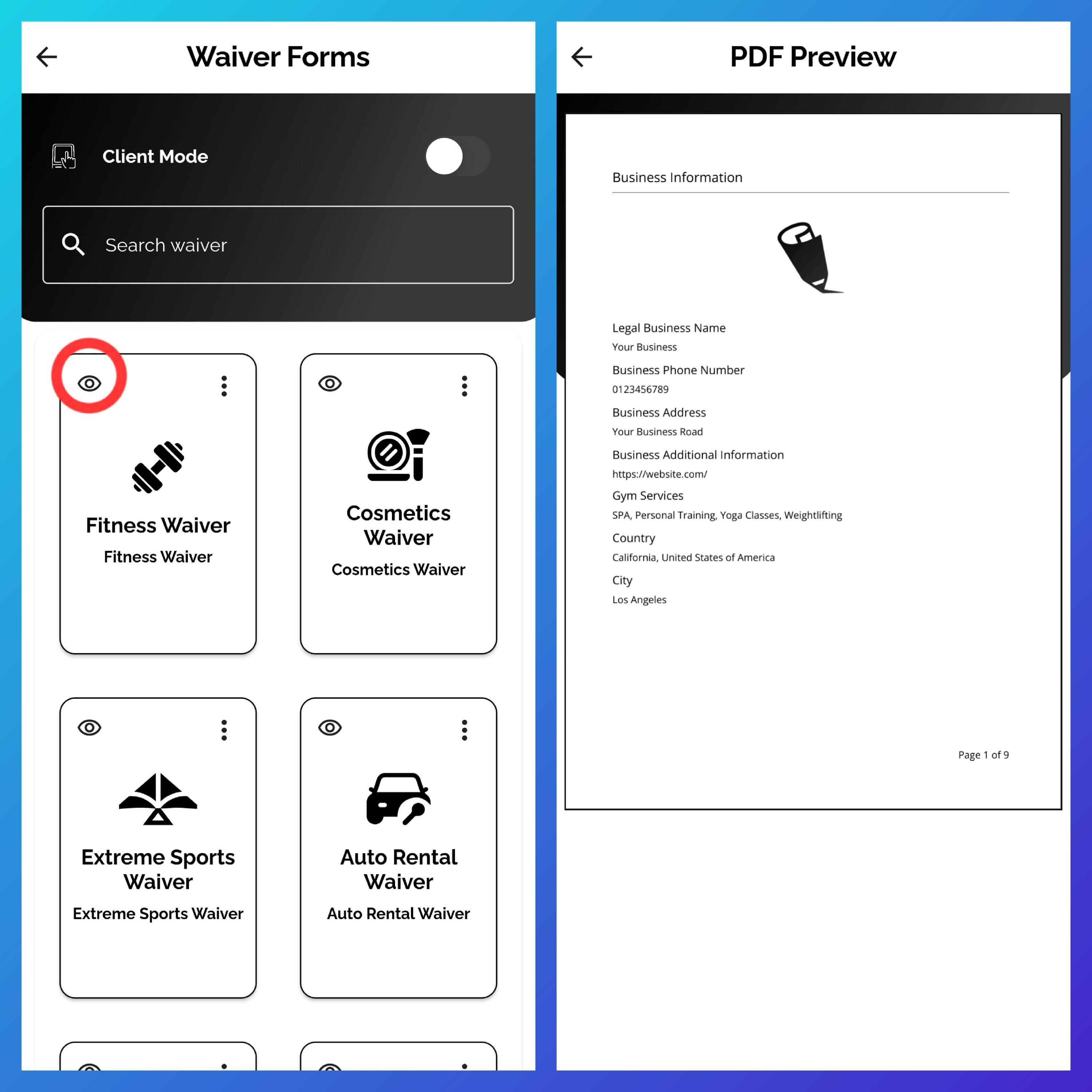 Screenshot of Waiverly's Waiver Forms screen highlighting the eye icon used to preview waiver templates.