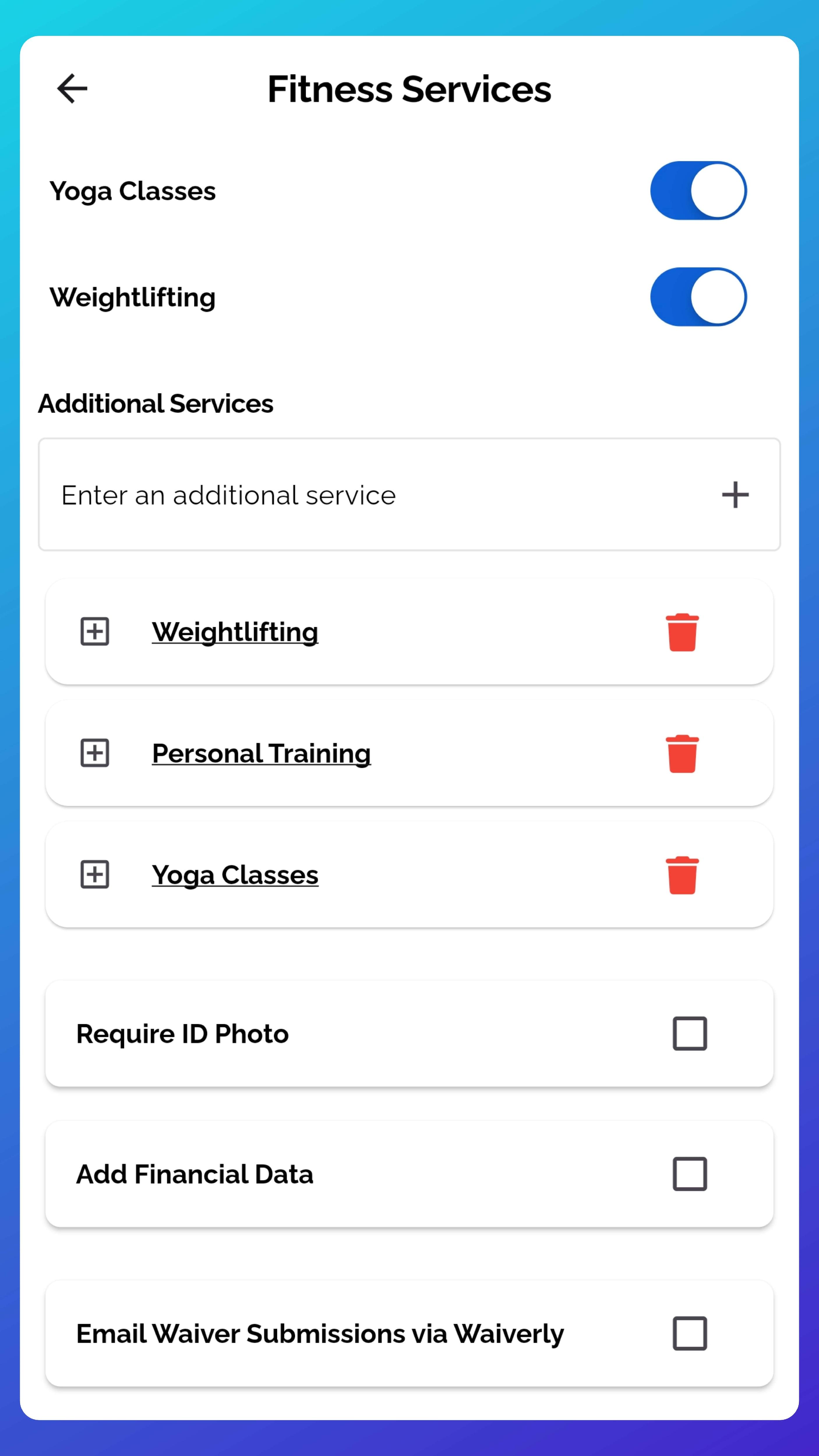 Screenshot of Waiverly business options and template requirements.