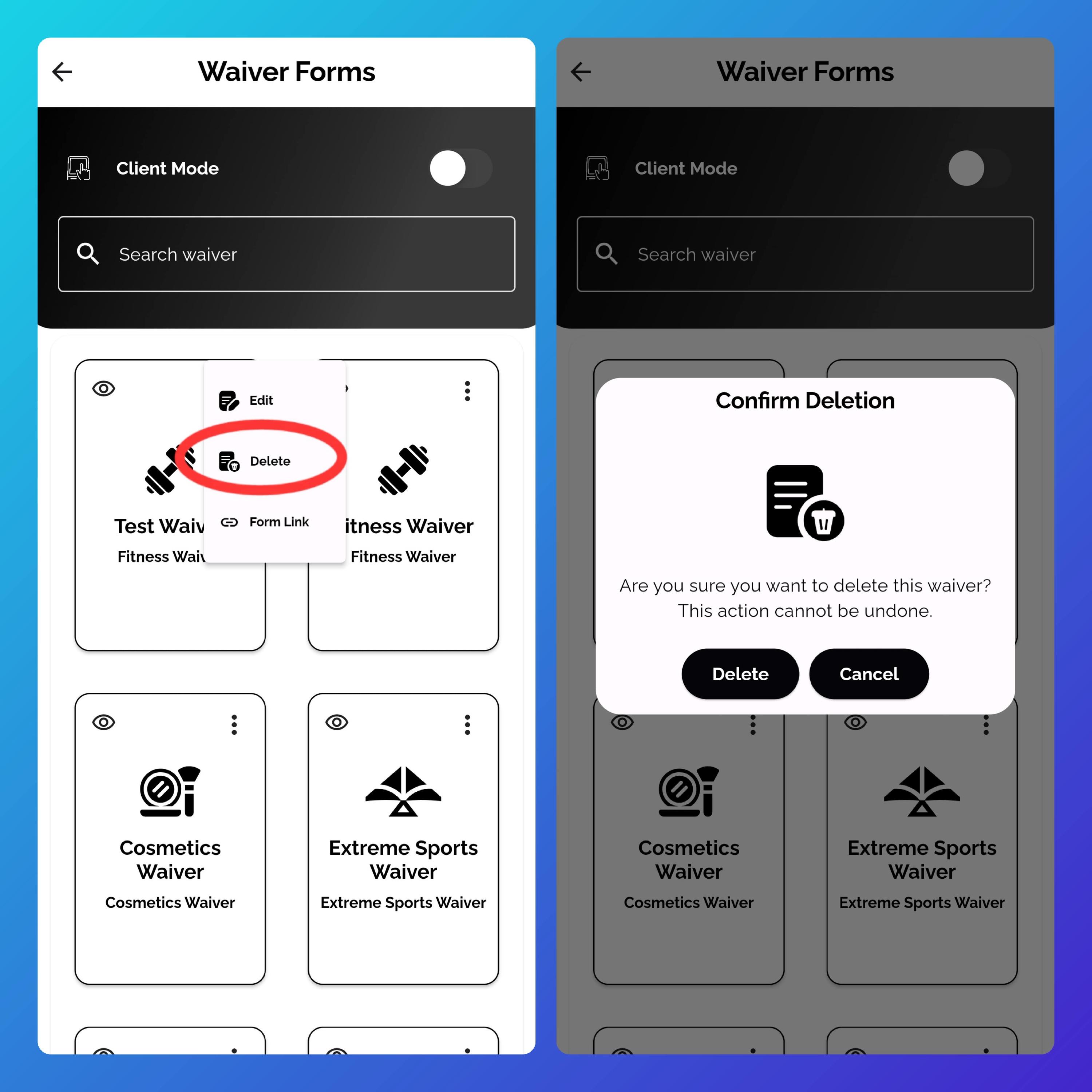 Screenshot of the Waiver Forms screen highlighting the three-dot icon menu used to delete waiver templates in Waiverly.
