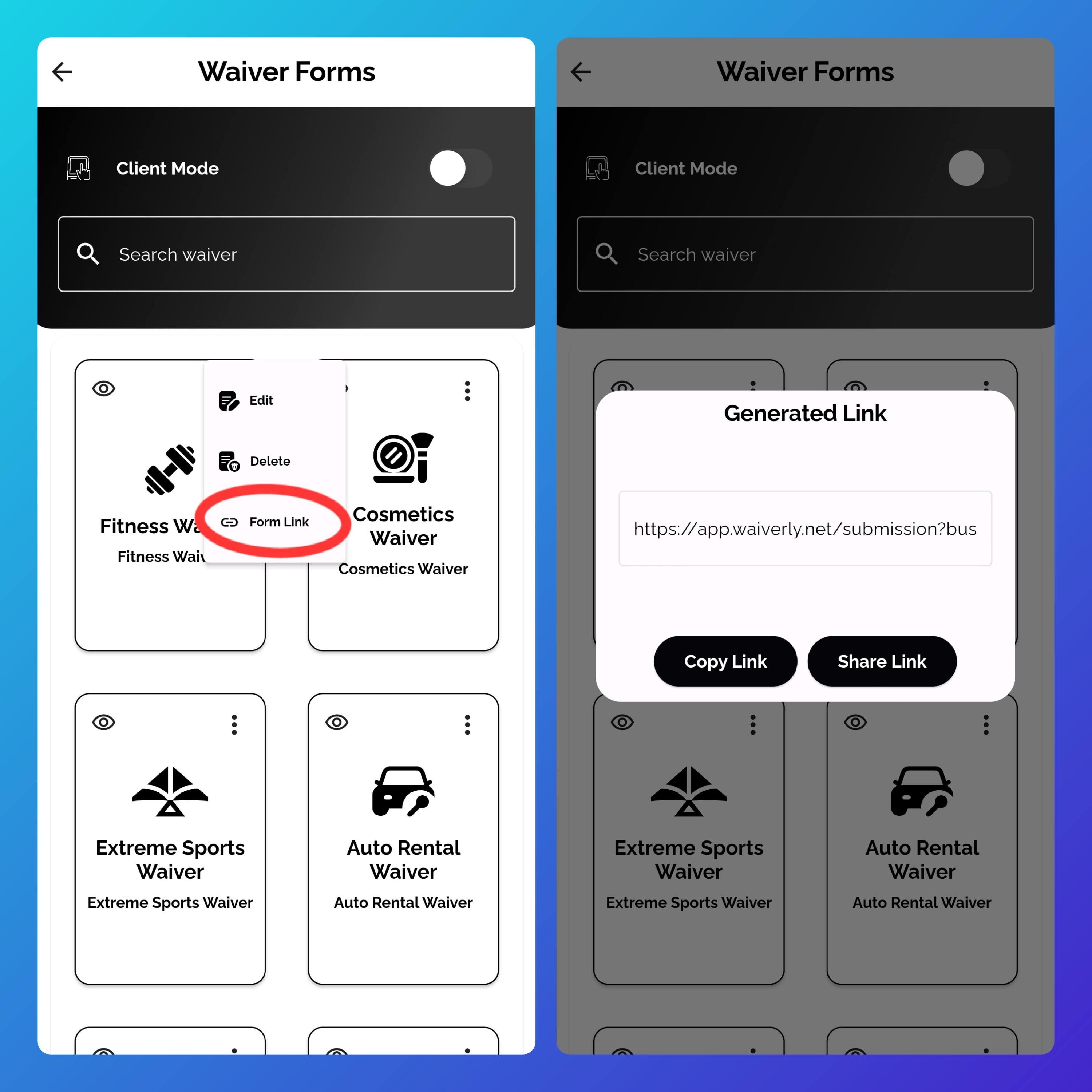 Screenshot highlighting the 'Form Link' option within the three-dot menu on Waiverly's Waiver Forms screen, used for sharing waiver templates.