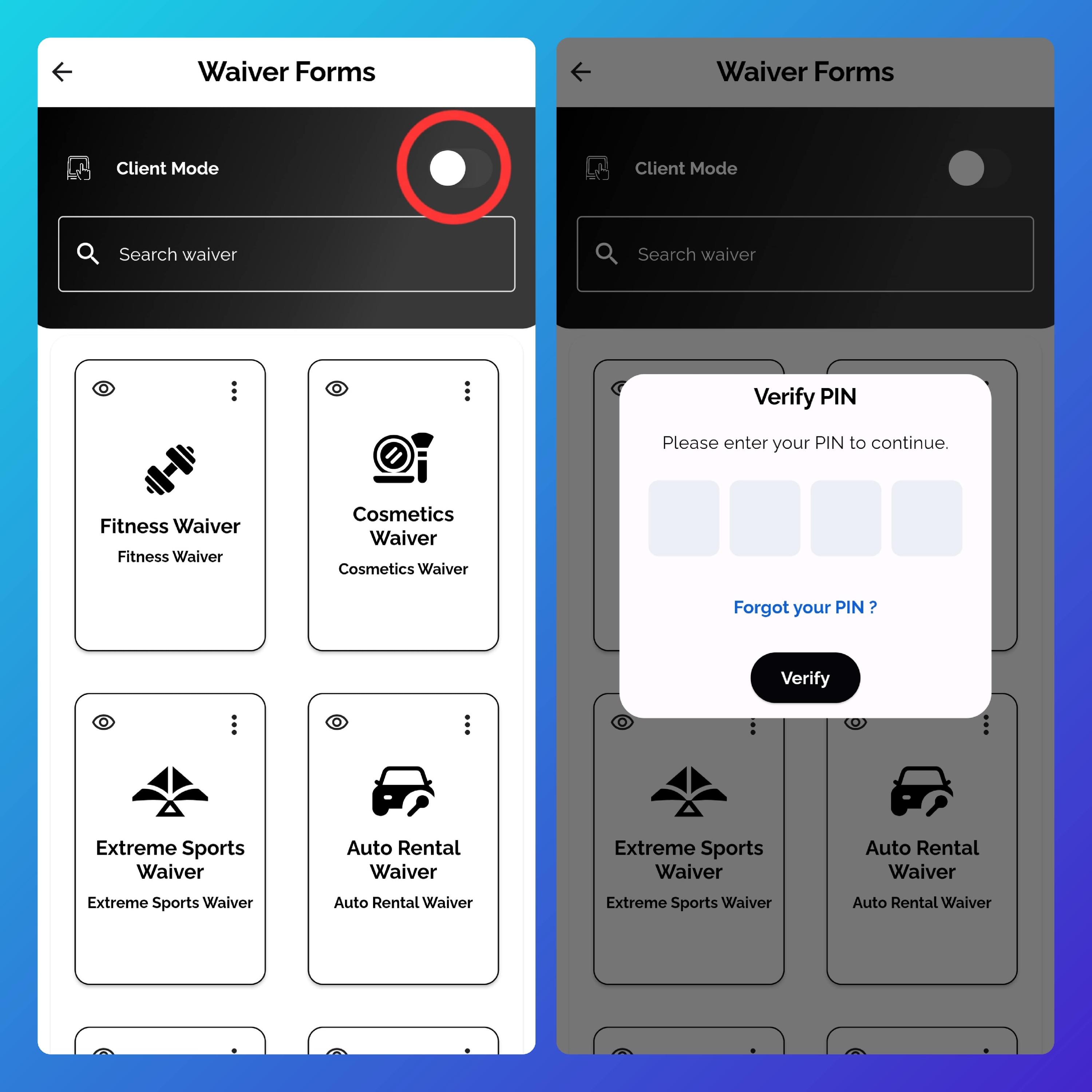 Screenshot of the Waiver Forms screen in Waiverly showing the Client Mode toggle used to activate Kiosk Mode with PIN protection.
