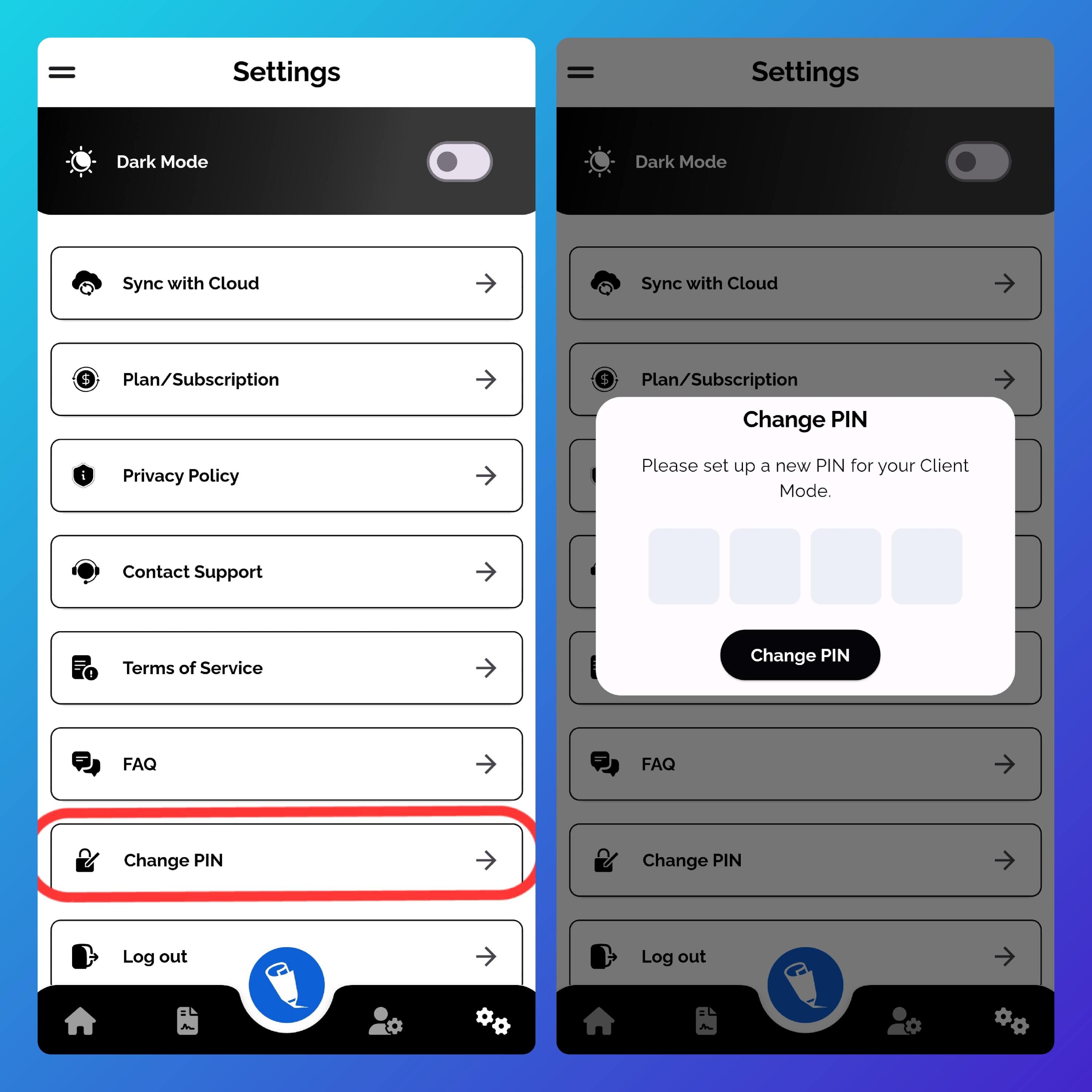 Screenshot of Waiverly’s Settings screen highlighting the “Change PIN” option for updating the Client Mode security code.