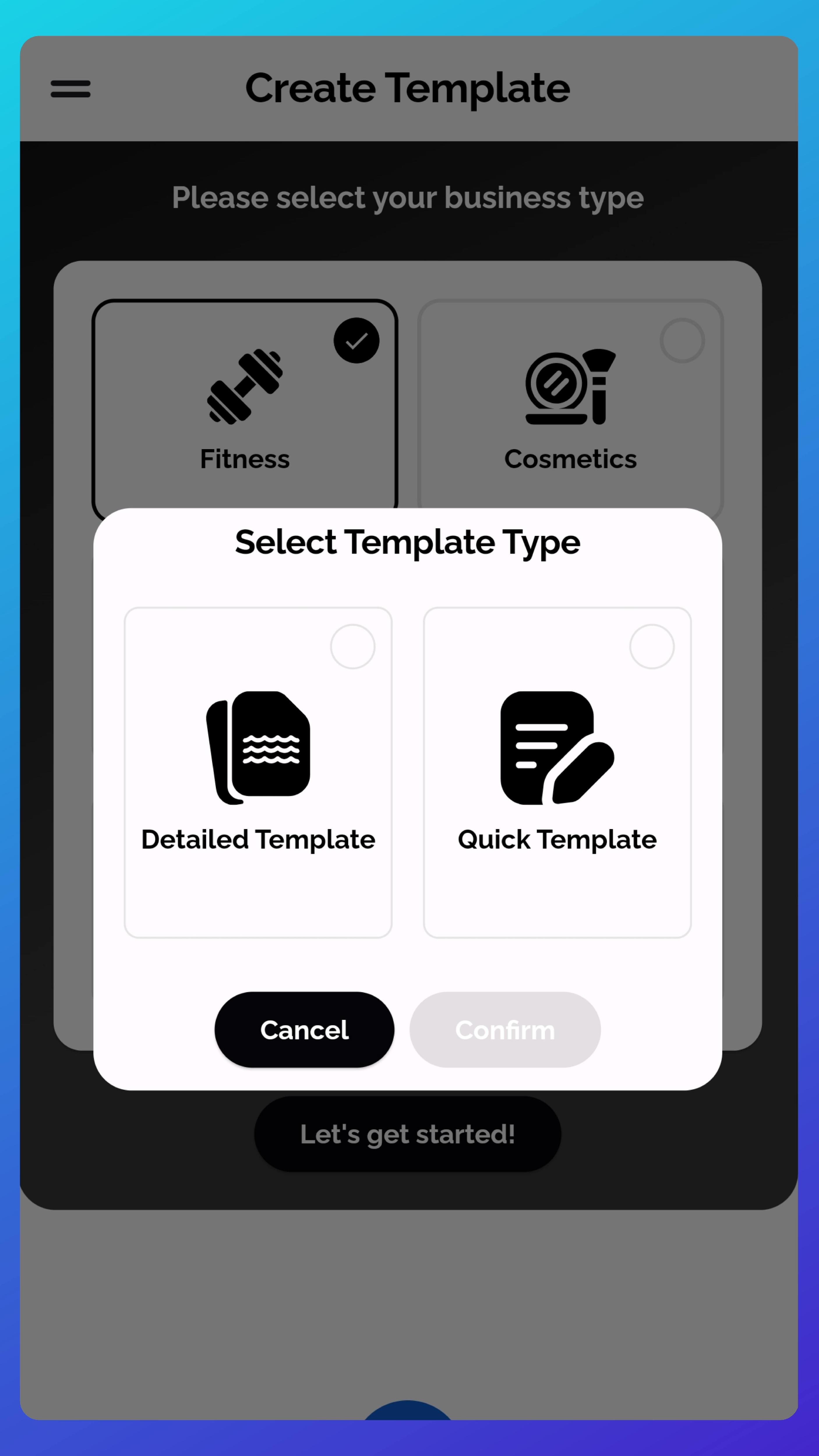 Screenshot showing the Waiverly template selection screen with options for Detailed Template and Quick Template setup.