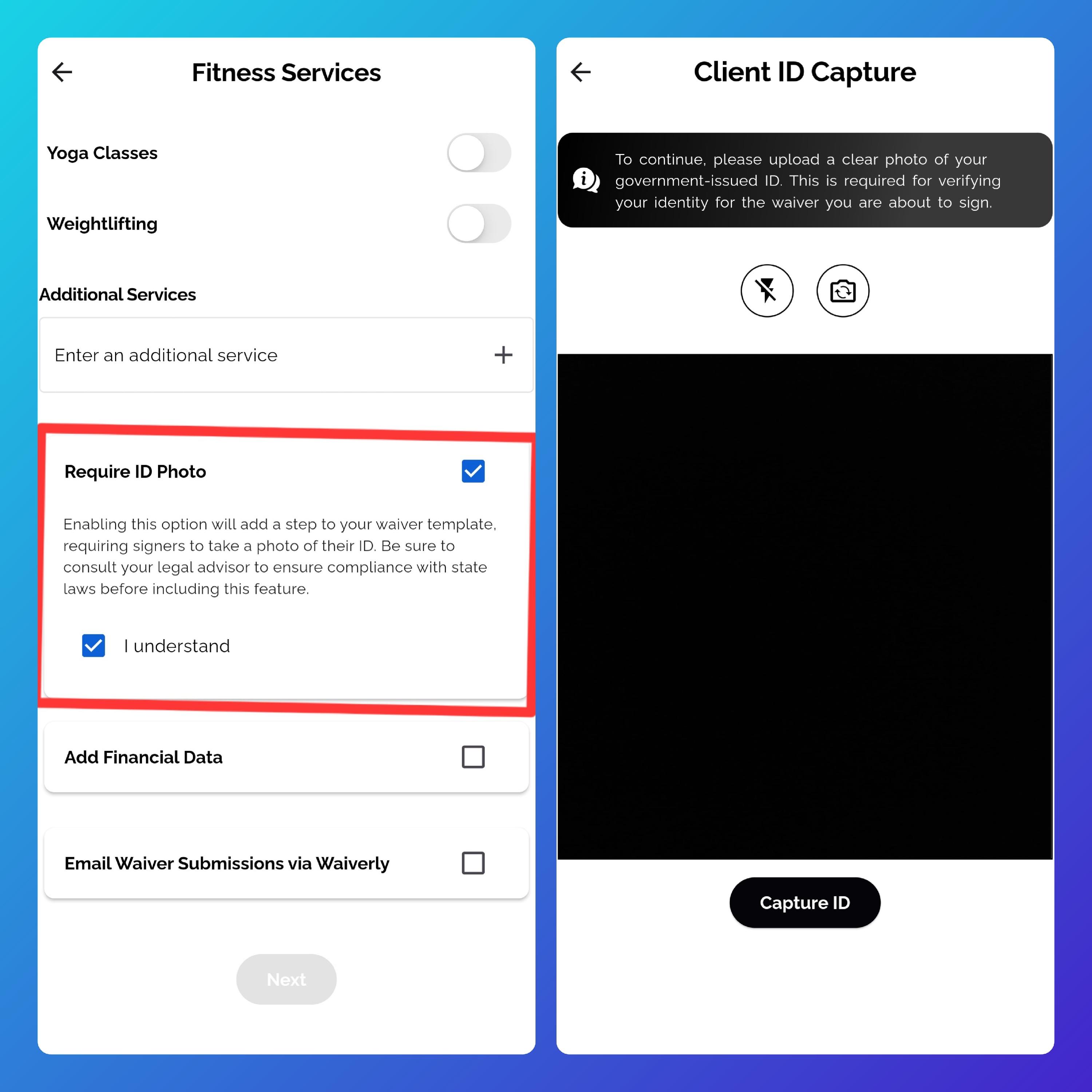Screenshot of the waiver template creation screen in Waiverly, highlighting the checkbox to require an ID photo from clients during form submission.