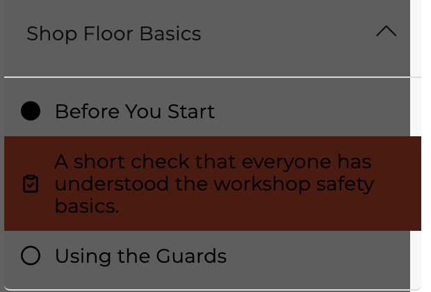 A student's course menu showing a finished lesson, the Quiz Stop with a clipboard icon, and the lesson that follows