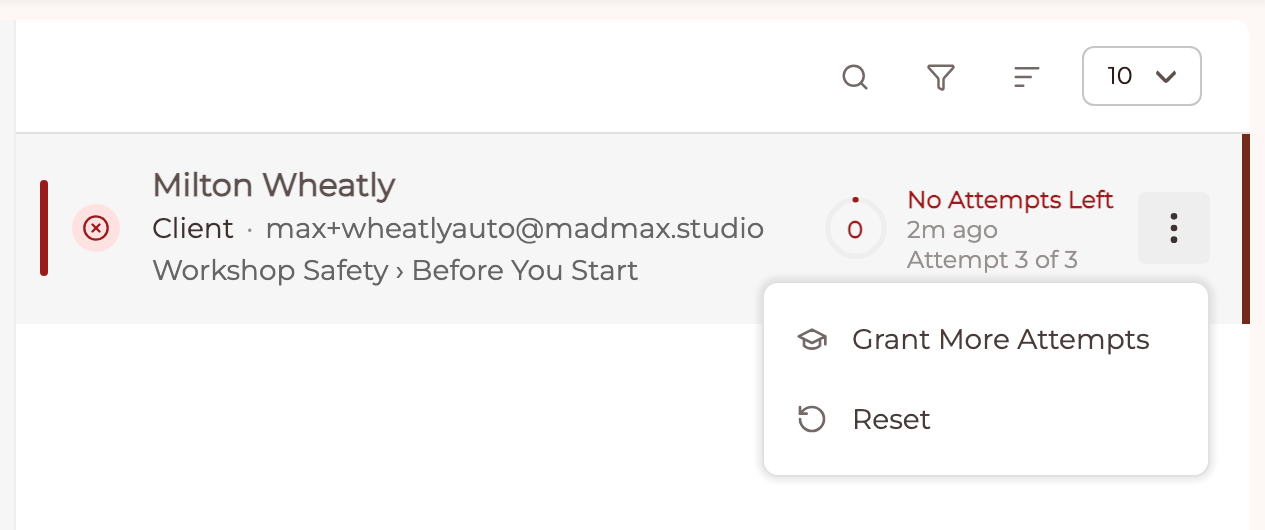 The Quiz's Courses view listing a student's result with the score, No Attempts Left, Attempt 3 of 3, and an open row menu offering Grant More Attempts and Reset