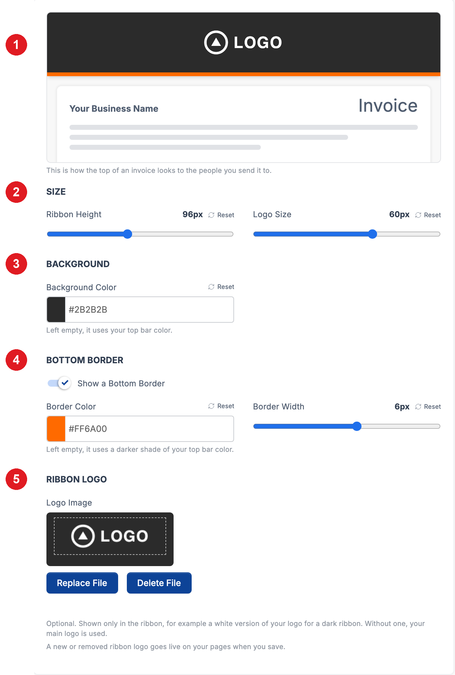 The Client Page Ribbon section of Platform Branding, with numbered markers on the preview, Size, Background, Bottom Border and Ribbon Logo settings