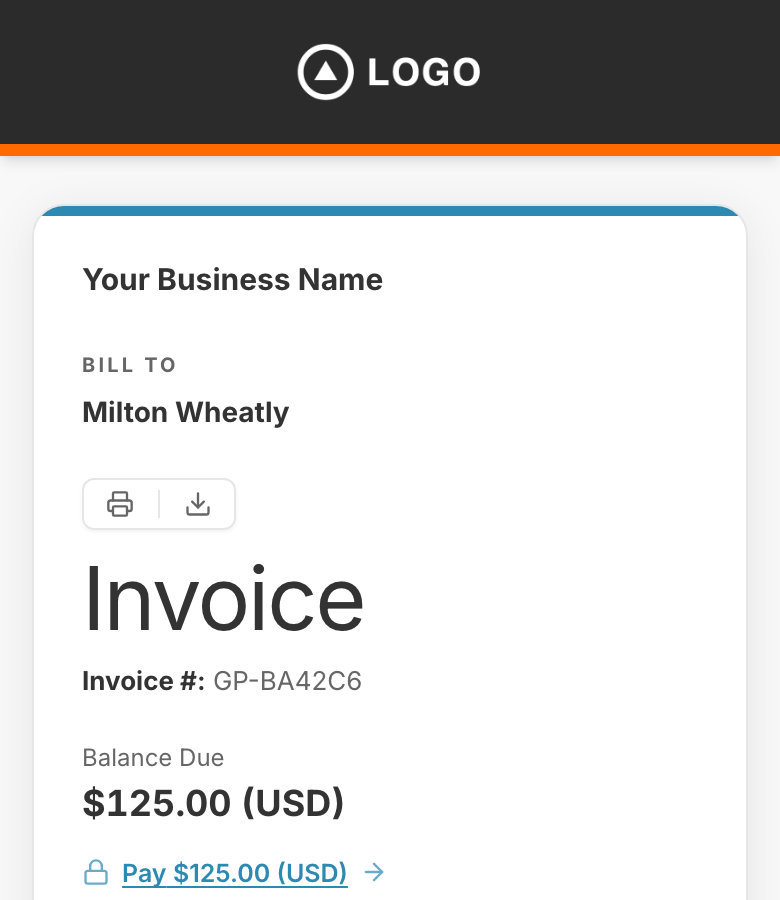 The same invoice on a phone, with a shorter ribbon and a smaller logo