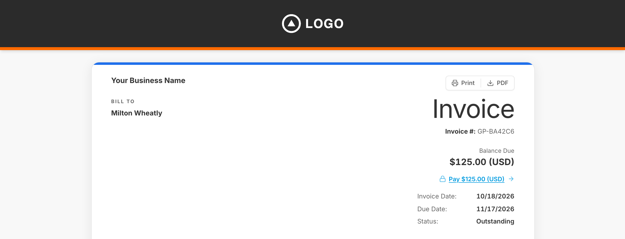 An invoice opened from an email, with a charcoal ribbon, an orange bottom border and a white logo across the top