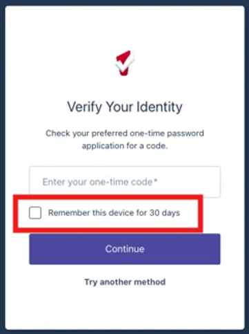 Verify your identity screen with remember this device for 30 days selection