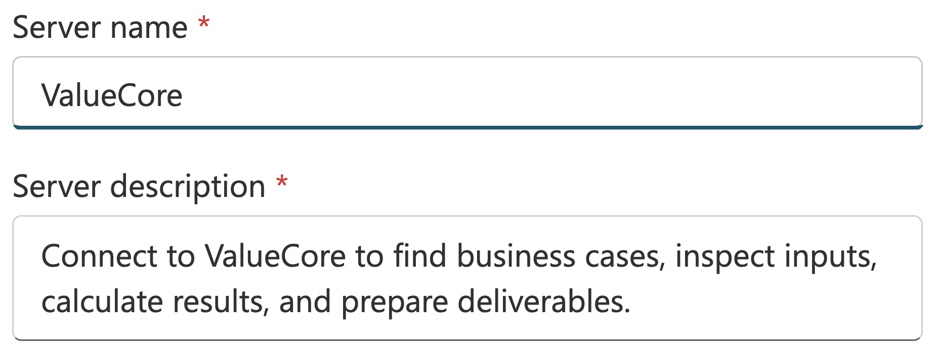 Figure 1. The MCP onboarding form showing Server name and Server description.