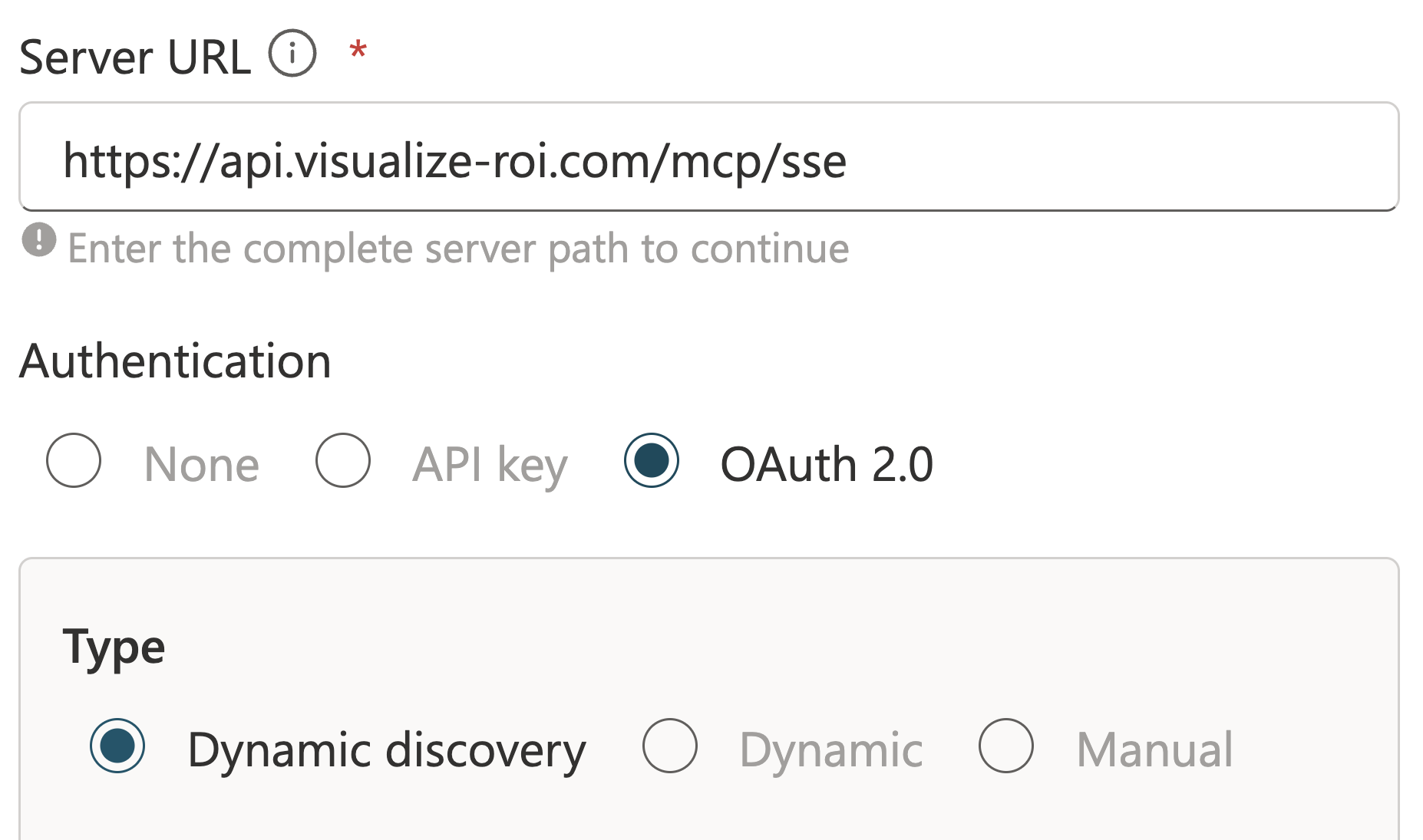 Figure 2. Copilot Studio showing the ValueCore URL and OAuth 2.0 Dynamic discovery selection.
