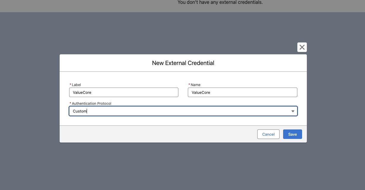 Figure 3. Salesforce Custom authentication selection. This unsaved New form illustrates the fields; edit the linked credential created for the registration.