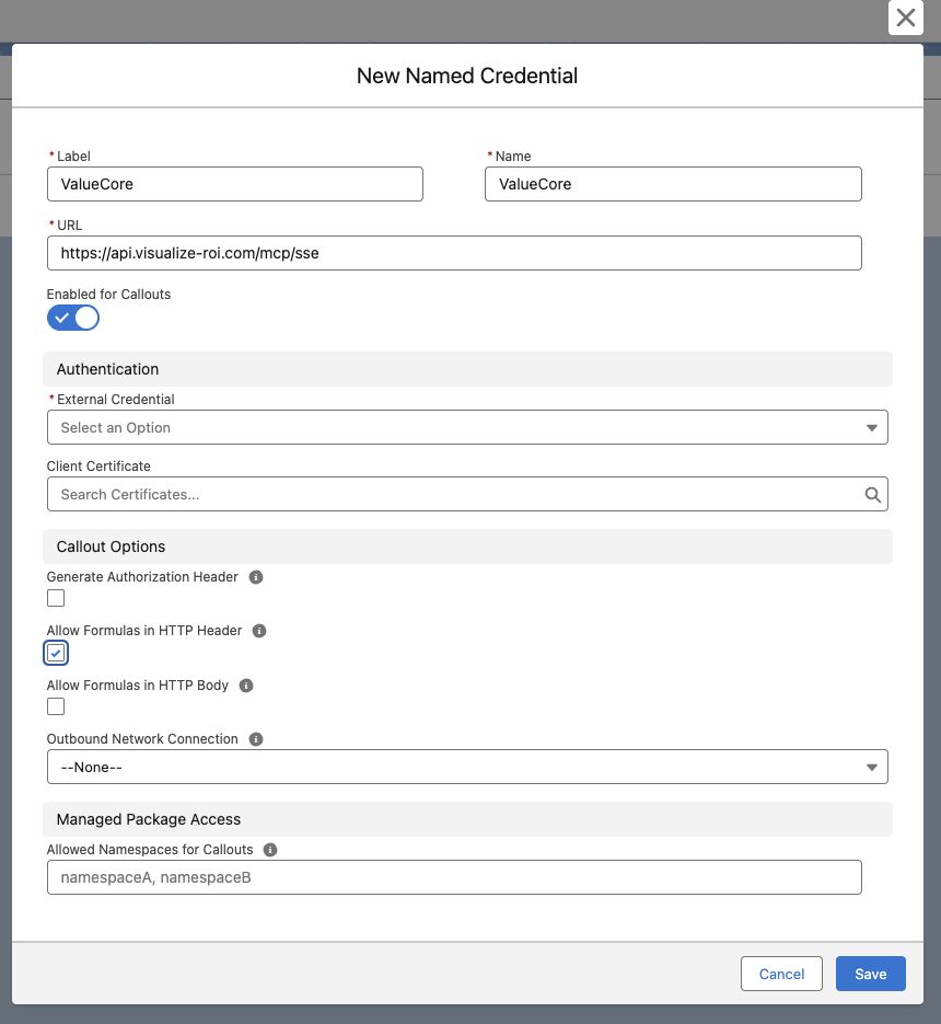 Figure 4. Actual Salesforce named credential form showing the production URL and header options. Select the linked external credential before saving.
