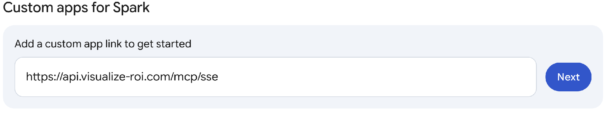 Figure 1. Custom apps for Spark with the ValueCore MCP server URL entered.