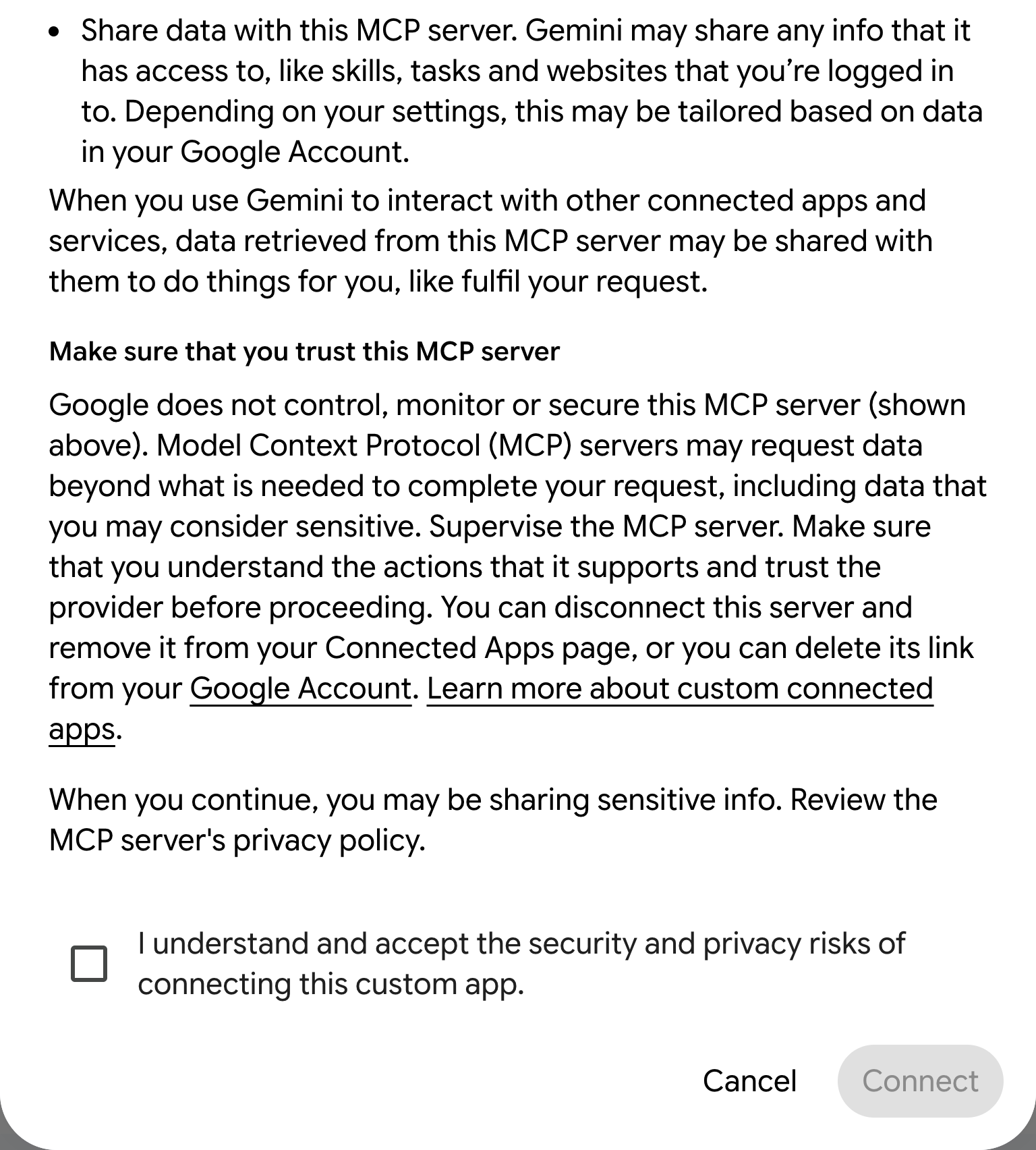 Figure 3. The lower part of Gemini’s consent dialog with the acknowledgment and Connect controls.