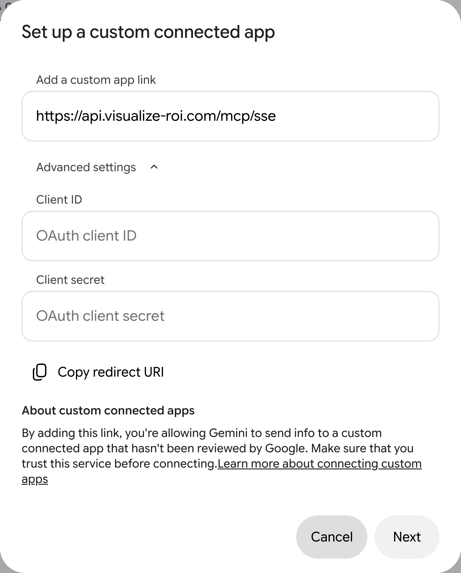 Figure 2. Gemini custom app setup with Advanced settings expanded and OAuth fields left blank.