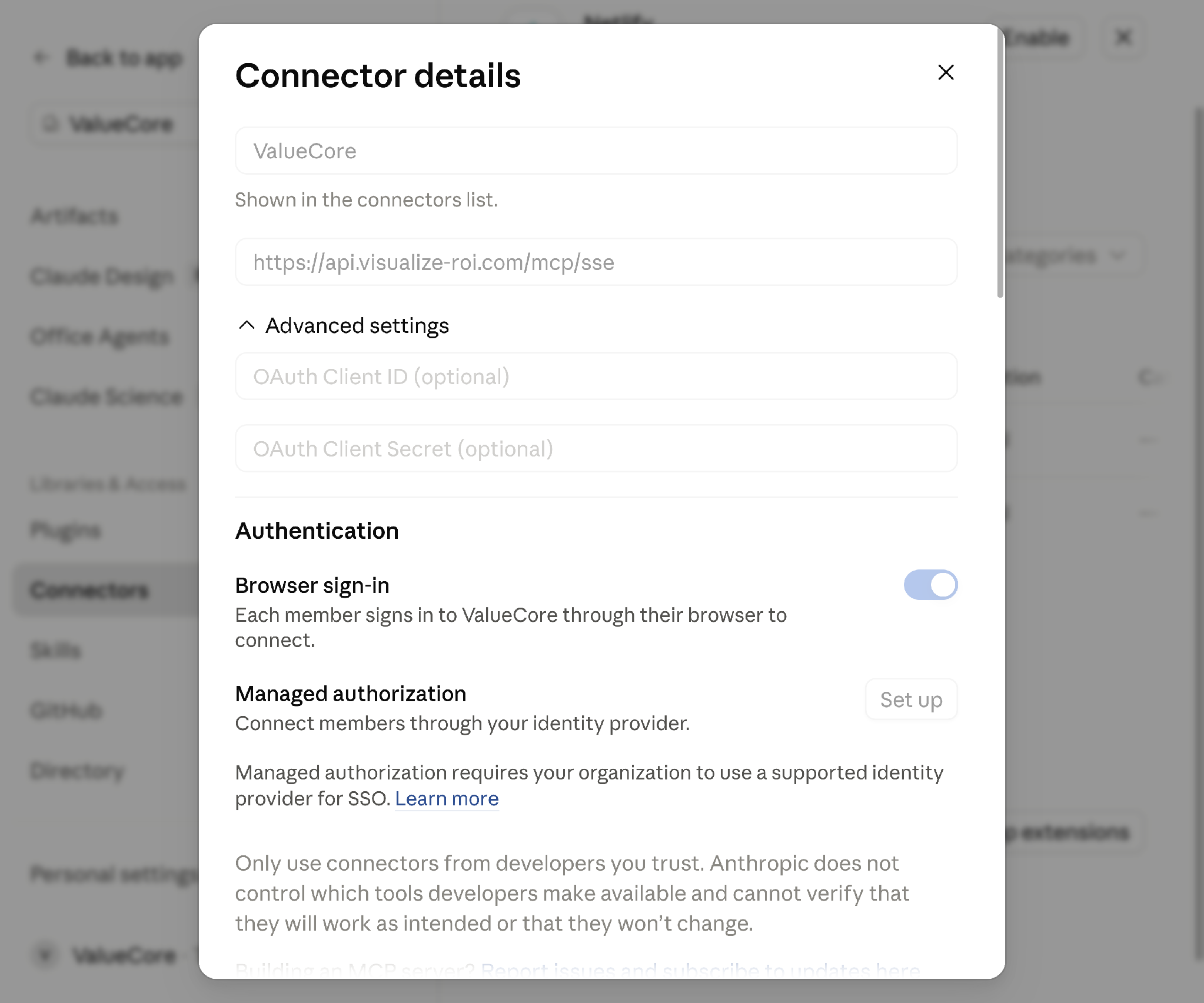 Figure 4. Organization connector details and individual browser sign-in.