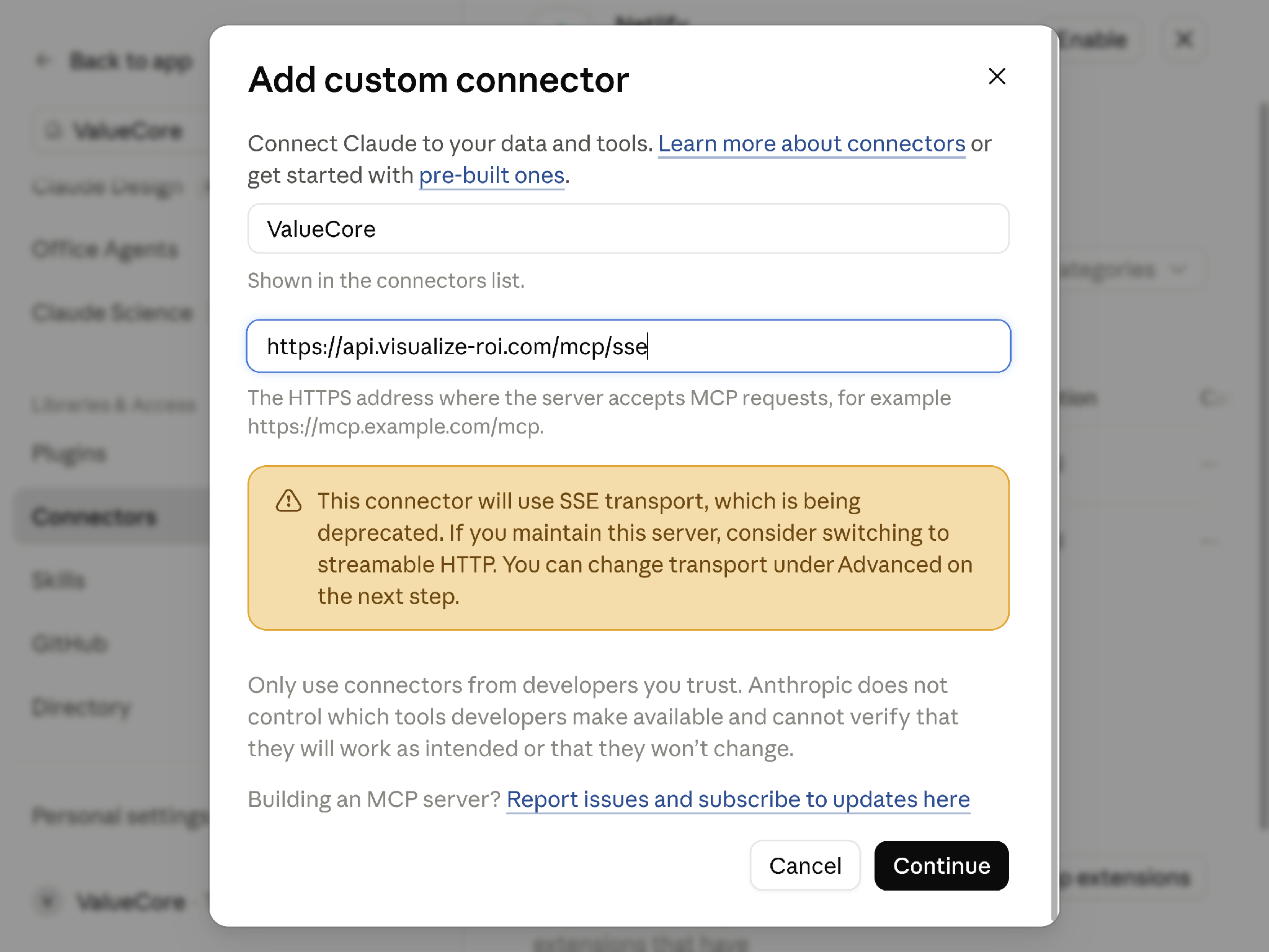 Figure 3. Custom web connector form in a Claude Team organization.