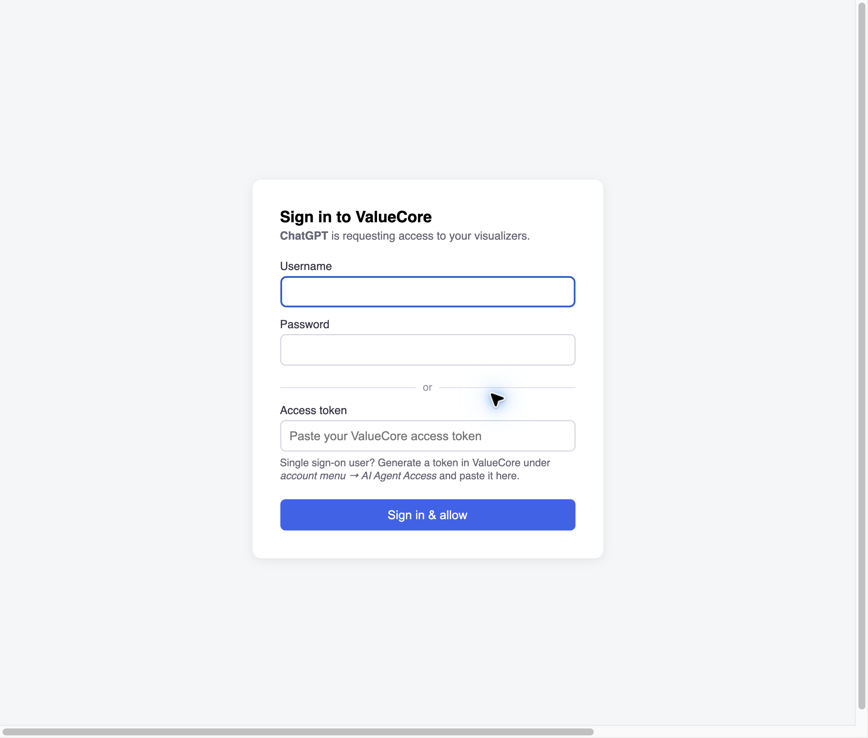 Figure 3. ValueCore authorization with empty credential fields. Never share a token in a chat or guide.