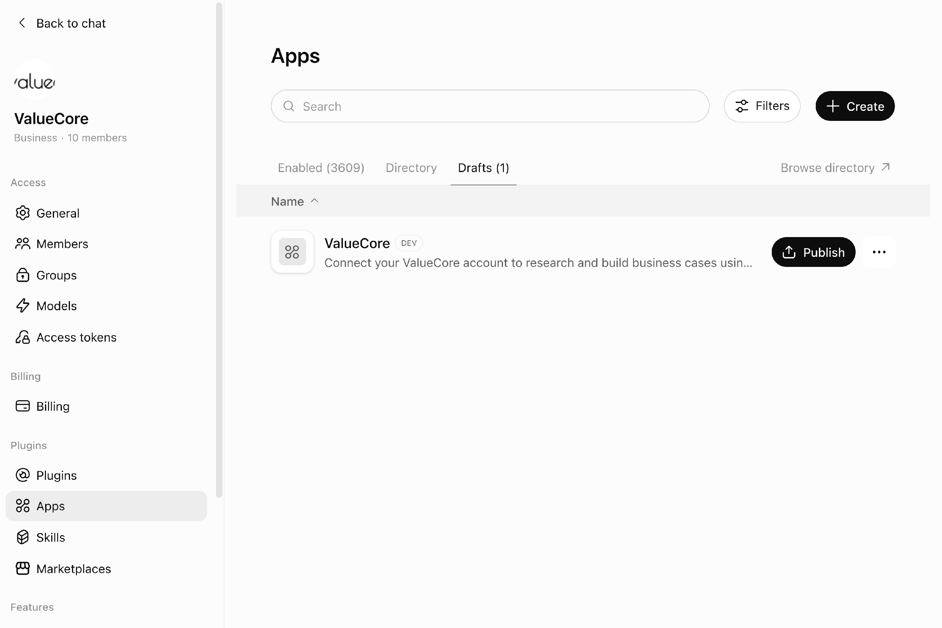 Figure 4. The tested development app appears in the company workspace Drafts list.