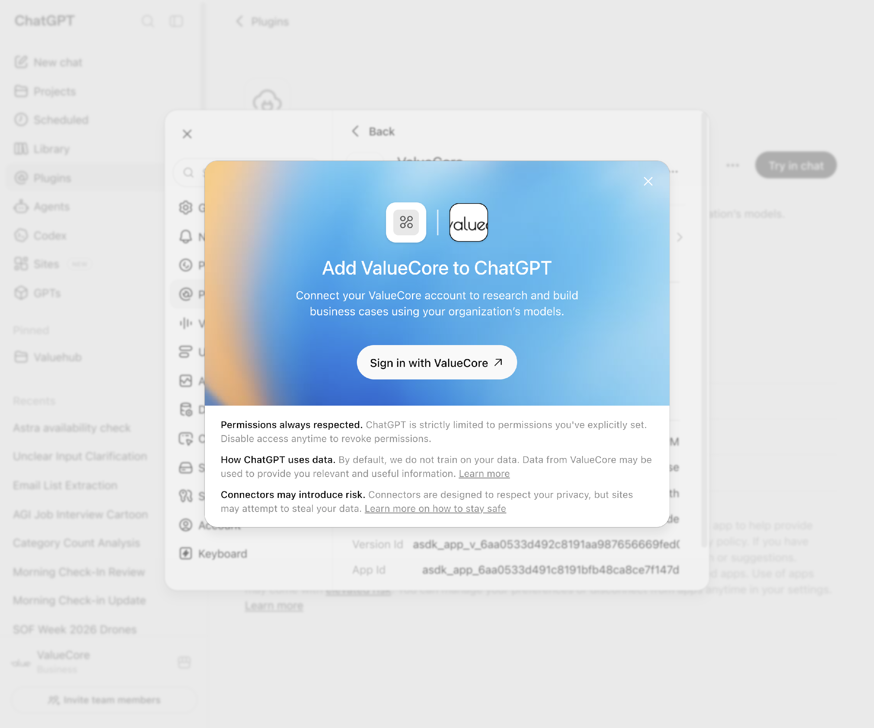 Figure 2. ChatGPT opens ValueCore authorization for the individual user.