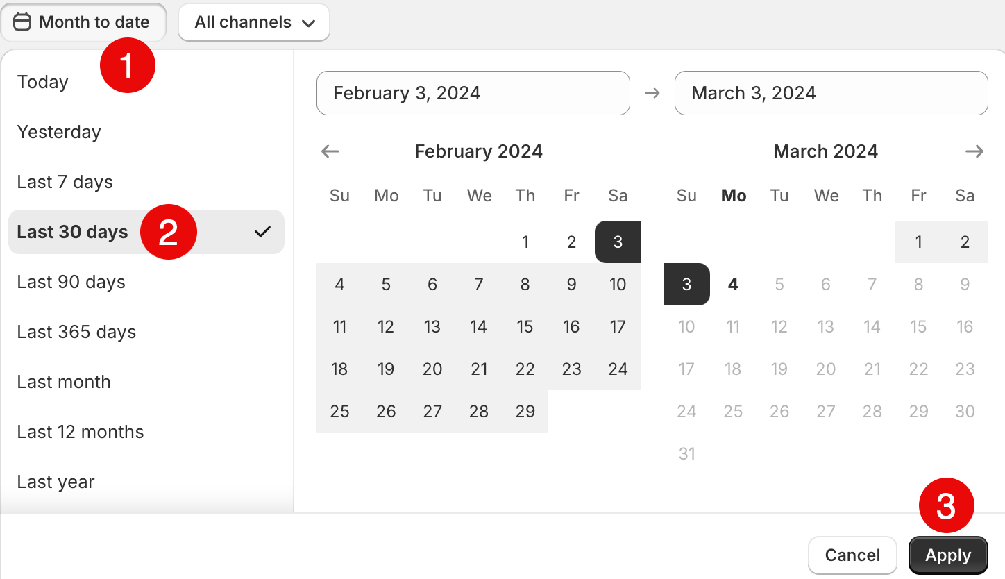 The image shows date range options on Shopify reports. Options include set parameters such as the last 30 days, 90 days, etc., as well as the ability to choose a custom date range.