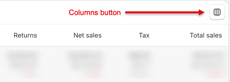 This image shows the Columns button in the top right corner of a Shopify report. It is a rounded square with three vertical sections.