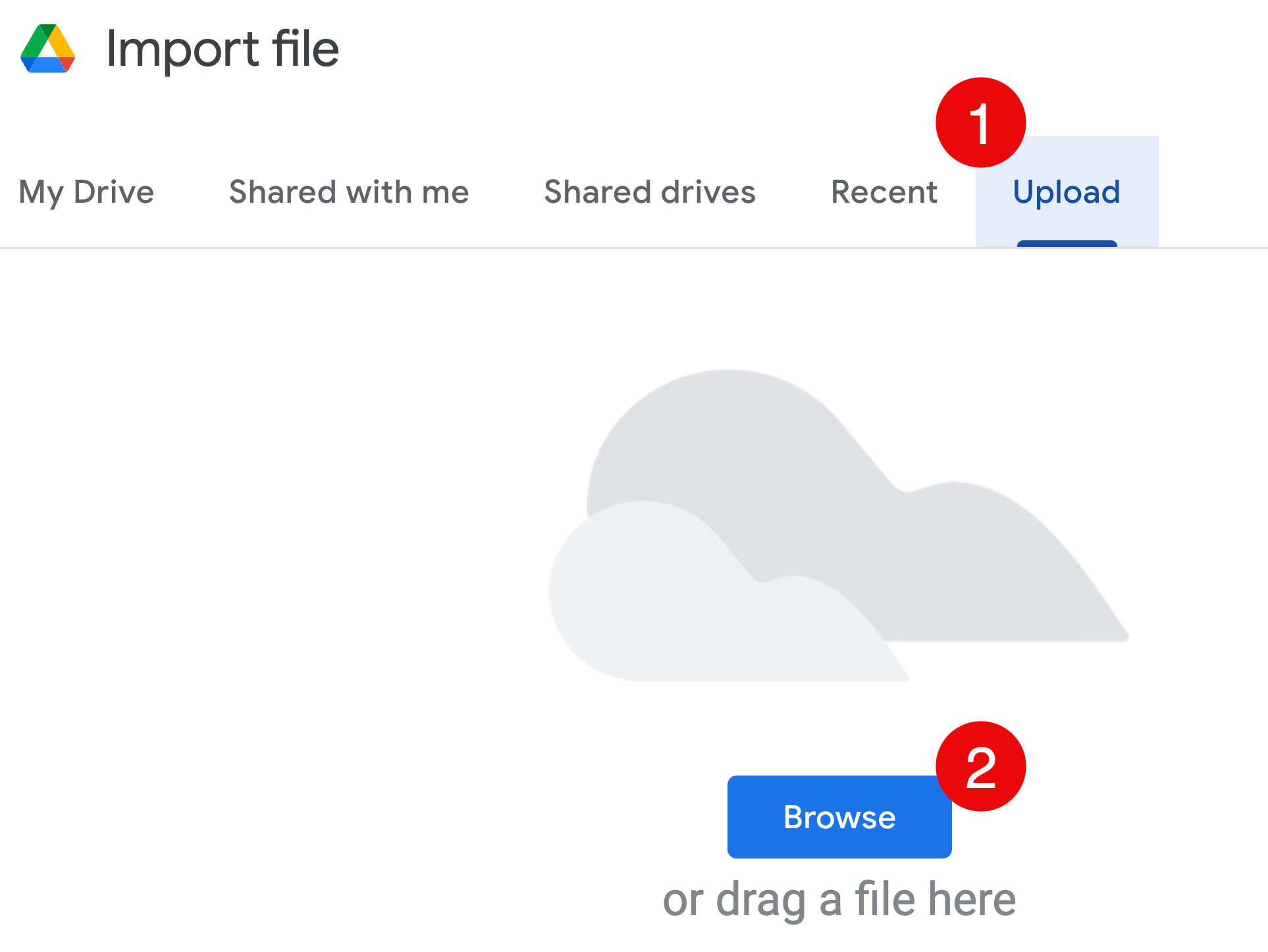 This image shows the pop-up that appears after clicking the Import option from the File menu. There are several import options, the preferred in this case being Upload, which contains a Browse button to let users choose files to upload from their computer.