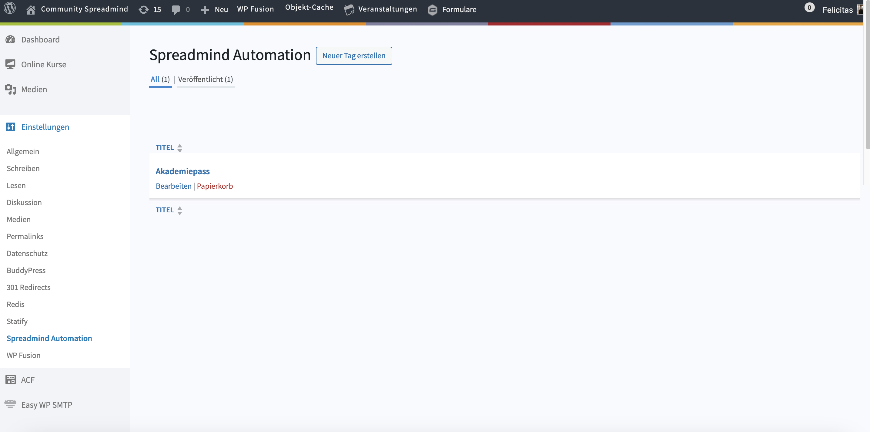 Ansicht Backend der Rubrik Einstellungen