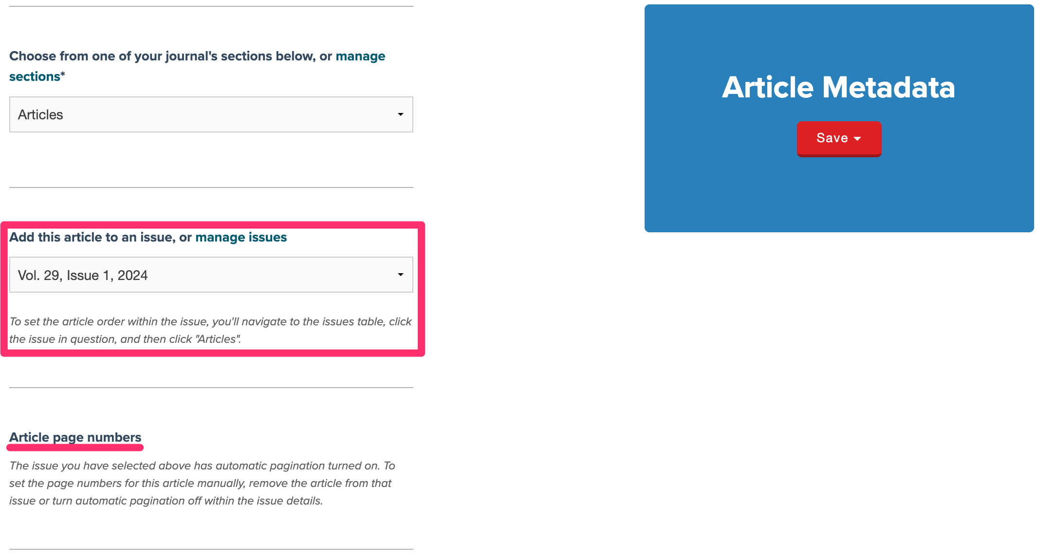 Article Metadata page with the issue assignment dropdown highlighted showing Vol. 29, Issue 1, 2024 selected