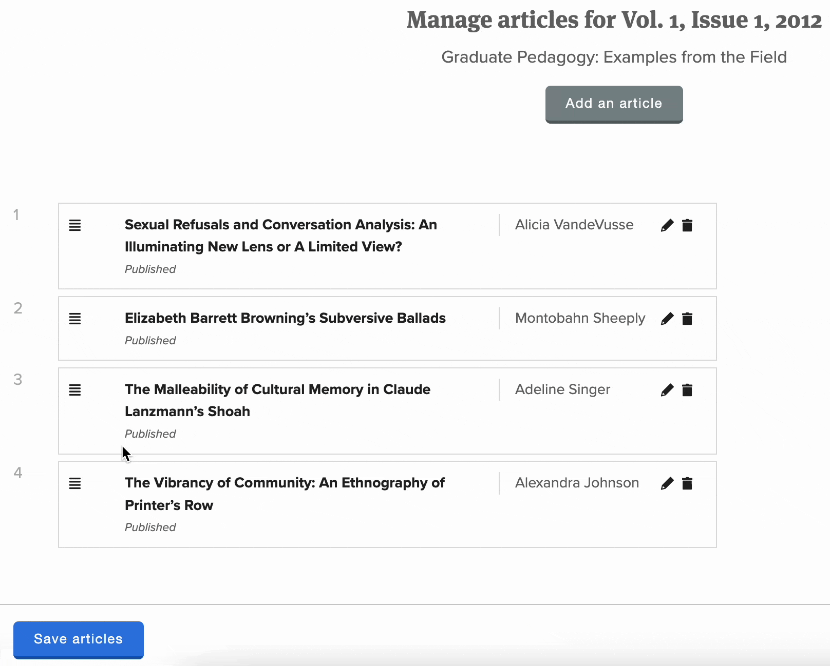An animated .gif showing the drag and drop reordering of articles on the issue article management page.