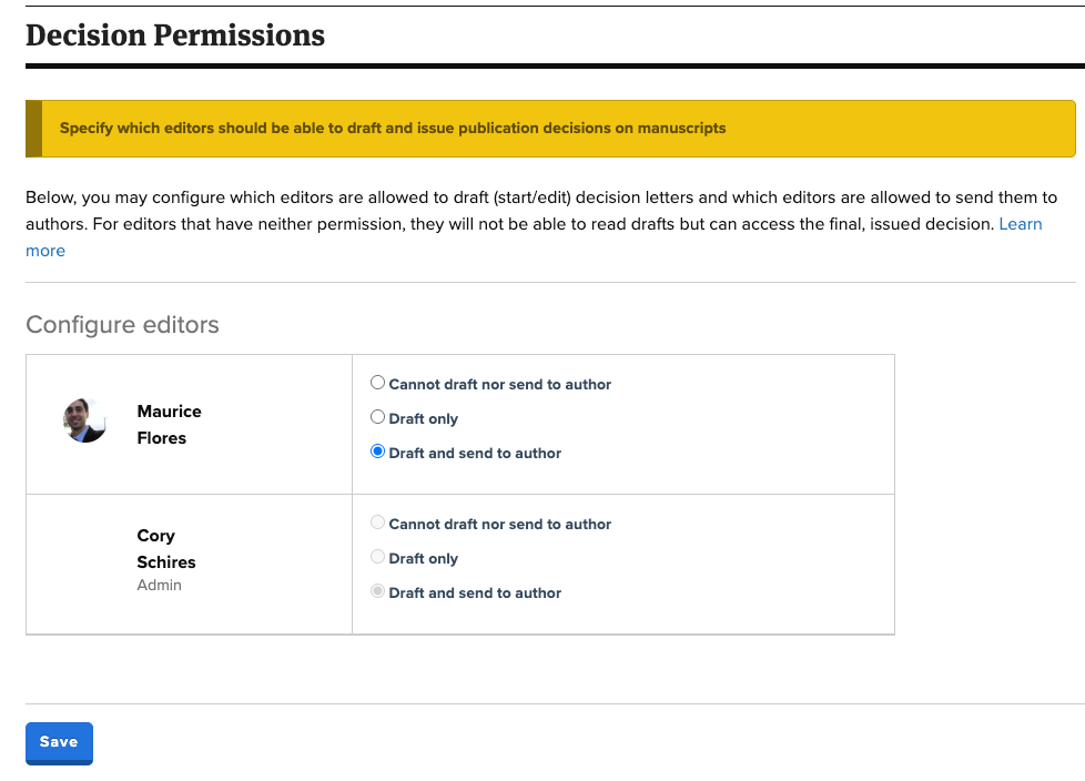 Screenshot of the decision permissions page depicting two editors and the corresponding radio buttons that grant them both permission to draft and send decisions to authors.