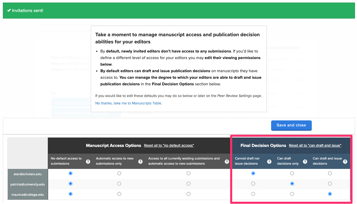 Screenshot of the screen that appears after you've sent an editor invitation. There are Manuscript Access Options and Final Decision Options to select from for each invitee.