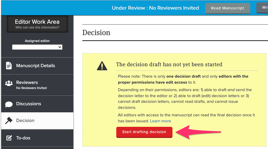 Screenshot of the decision step in the manuscript work area. There's an arrow pointing to the