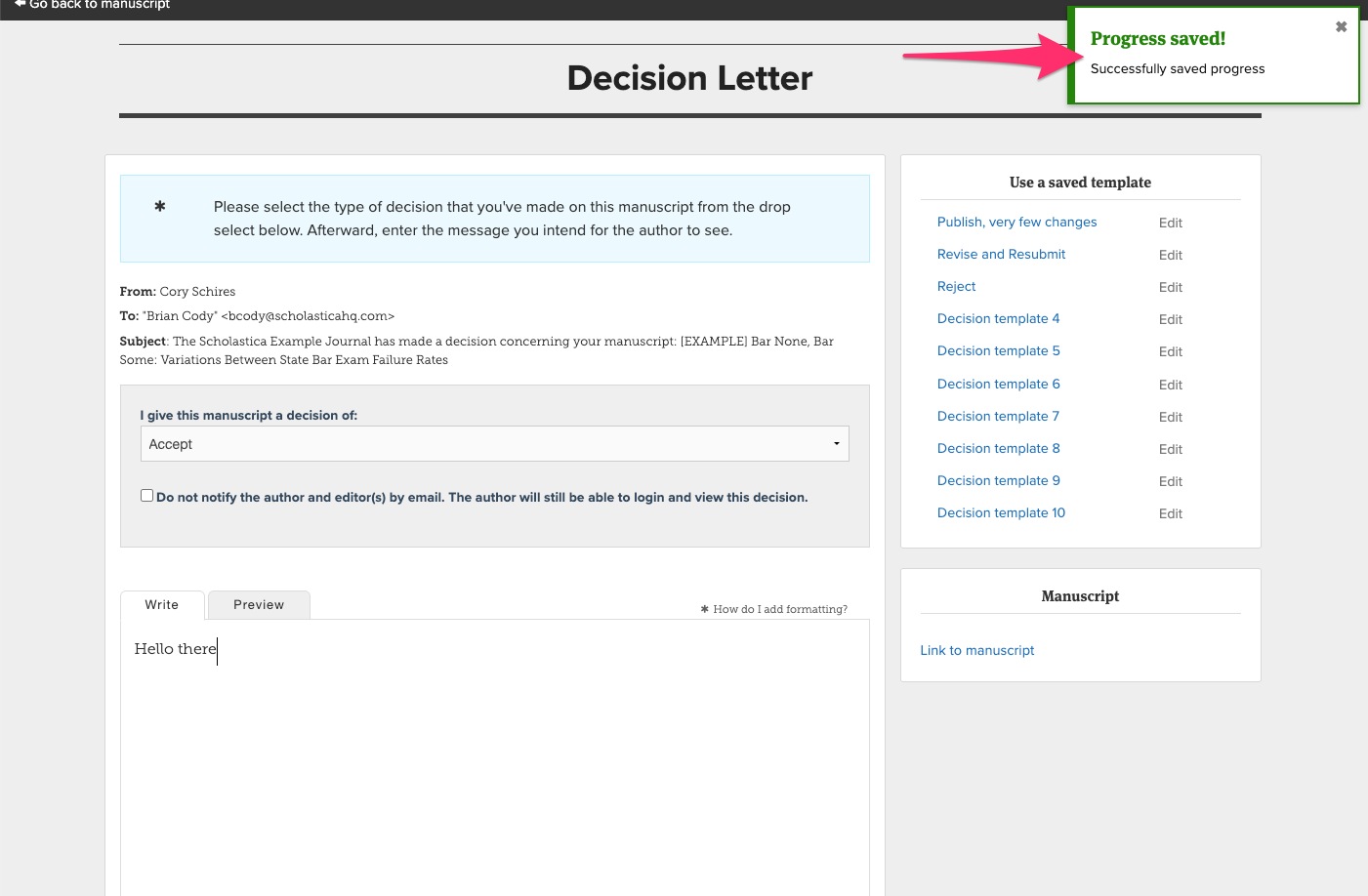 Screenshot of the decision letter with the