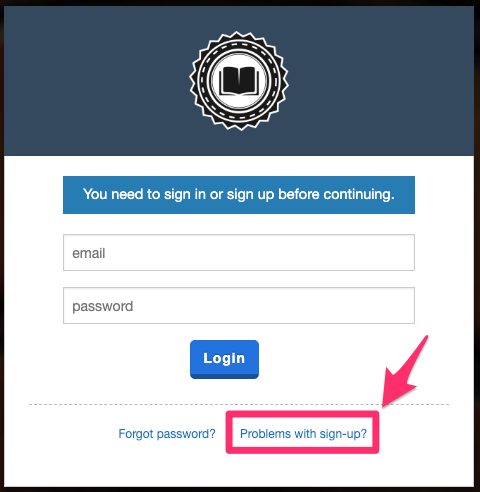 Login page with Problems with sign-up? link highlighted
