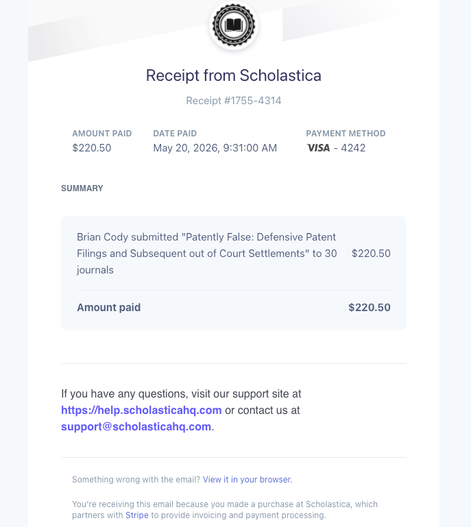 Scholastica submission receipt showing date, manuscript name, submission count, customer name, and total amount paid