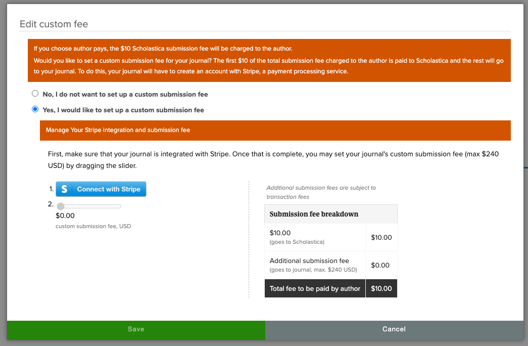 Journal dashboard Settings dropdown with Billing option highlighted under the My Journals navigation
