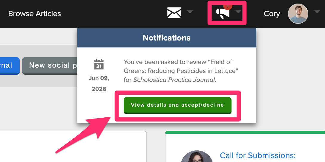 Scholastica dashboard with notification dropdown showing a reviewer invitation and View details and accept/decline button