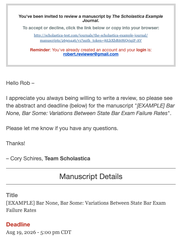 Reviewer invitation email showing manuscript title, deadline, abstract, and a note that the reviewer already has an account
