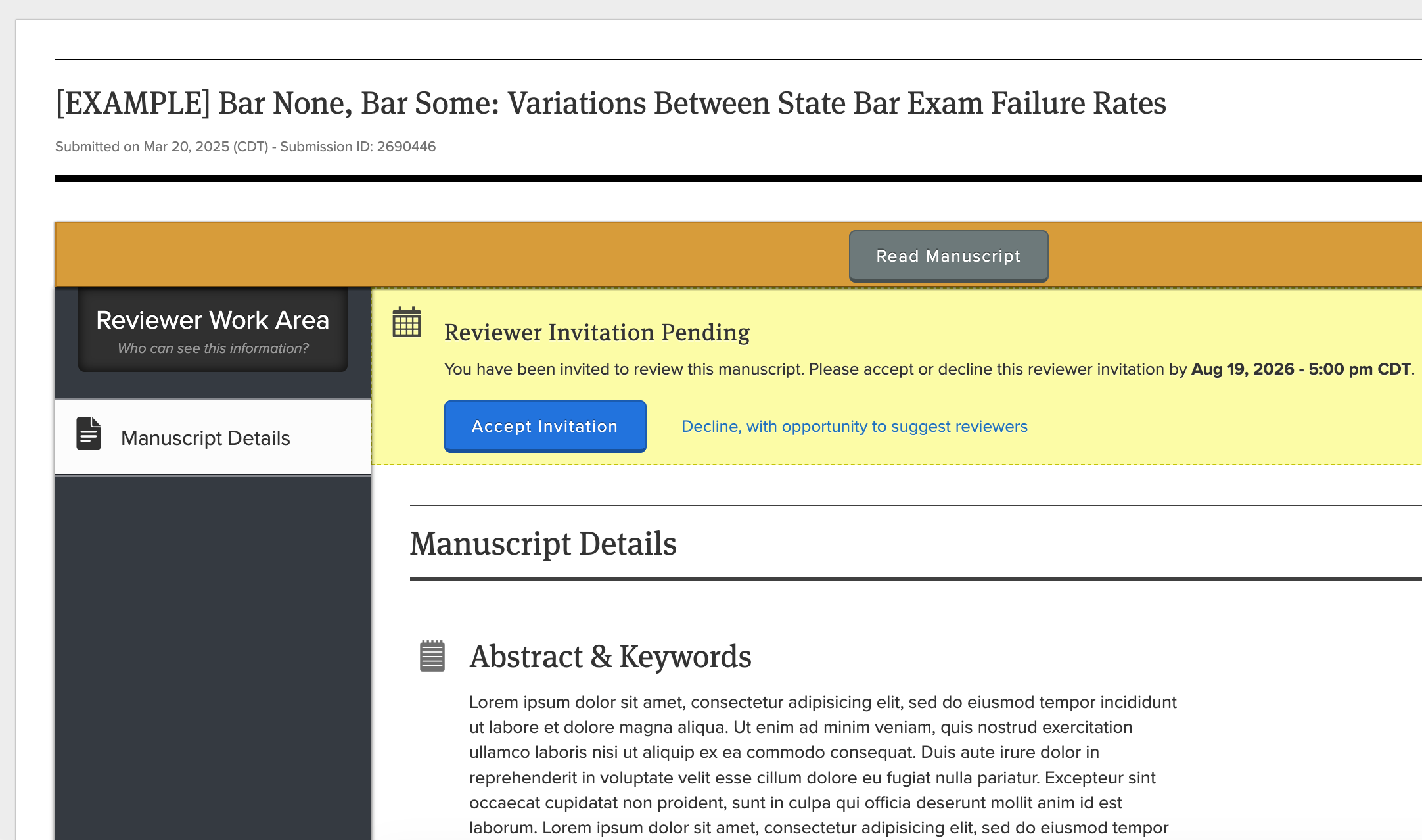 Reviewer Work Area showing a Reviewer Invitation Pending banner with Accept Invitation button and manuscript abstract