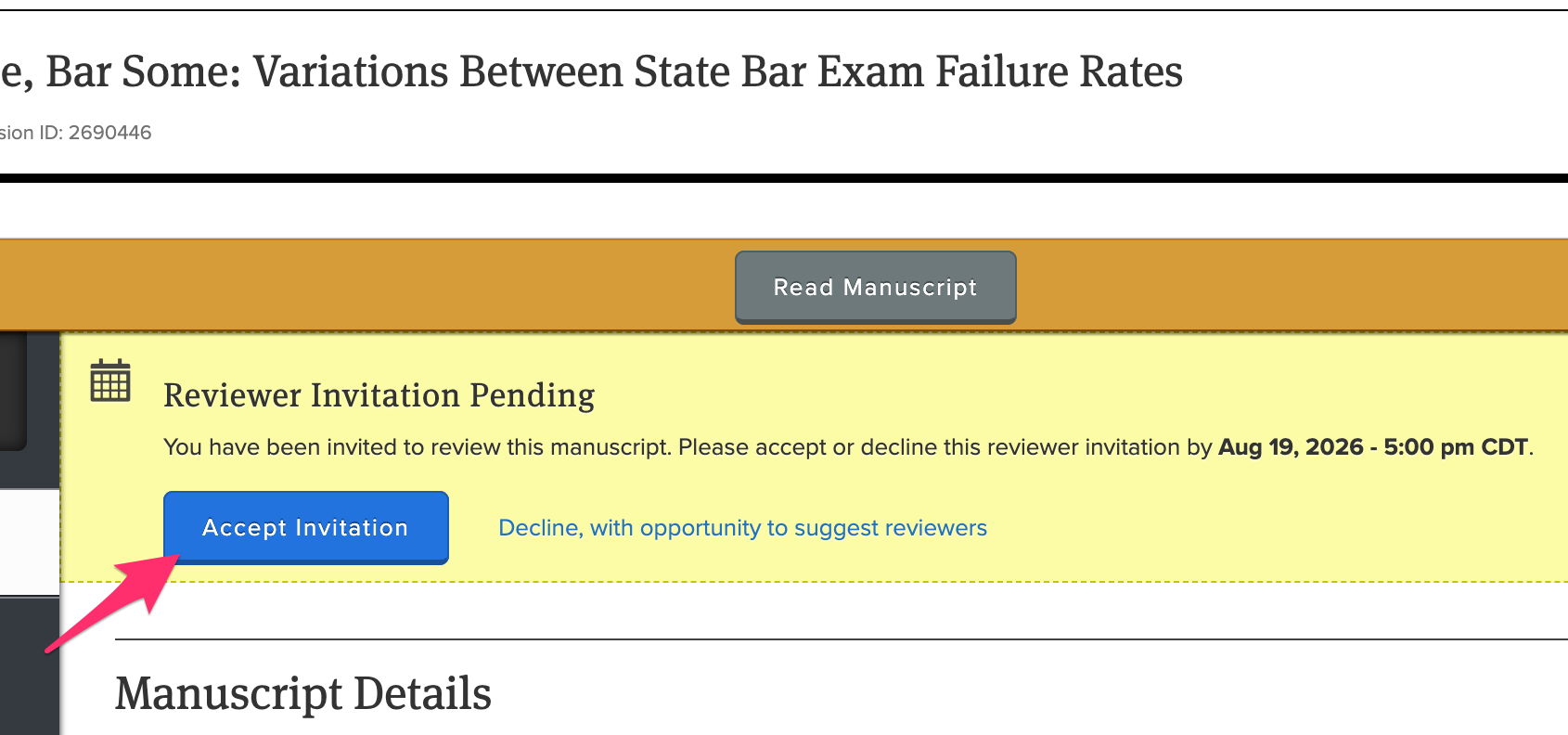 Manuscript work area with a pending reviewer invitation. There's an arrow pointing to the Accept invitation button.