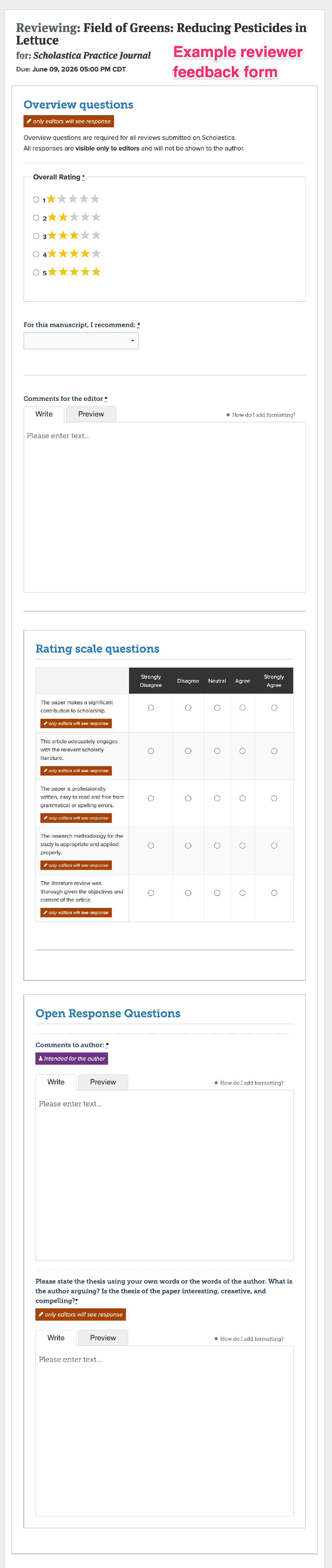 Example reviewer feedback form showing overview questions, rating scale questions, and open response sections